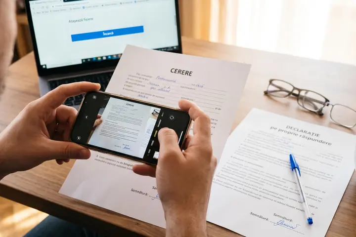 Persoană care fotografiază cu telefonul cererea de publicare completată, pentru a o încărca în formular